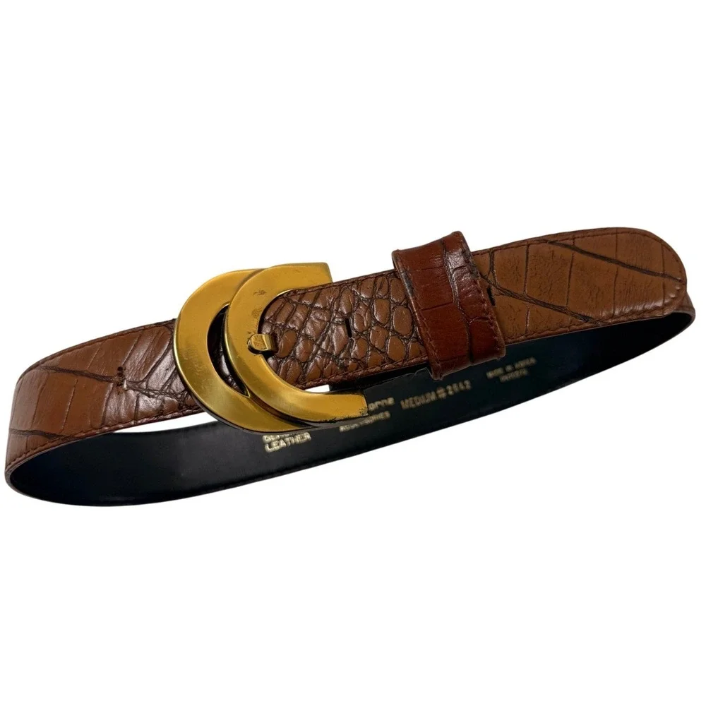 Vintage Liz Claiborne Brown Croc Embossed Leather Belt Gold Crescent Buckle 2642